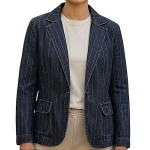 Larry Levine Y2K‎ Stretch Denim Blazer Jacket Women's L Pinstripe Career Style